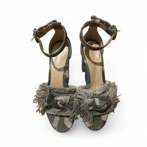 Marion Parke Olive Green Camouflage Fringe Ankle Strap Heels
